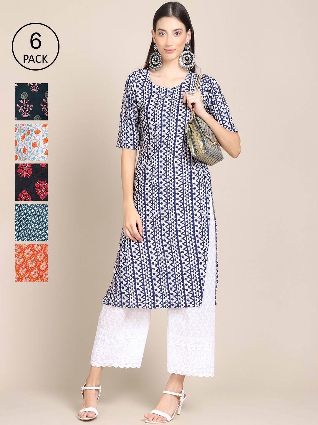 

7Threads Women Pack Of 6 Multicoloured Ethnic motifs Printed Crepe Kurta, Multi