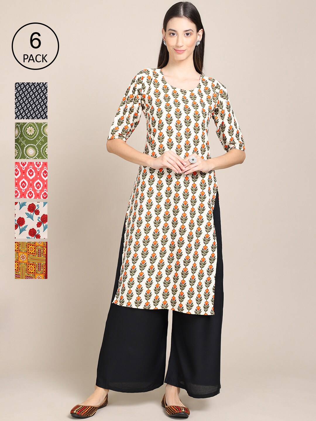 

7Threads Women Pack Of 6 Multicoloured Ethnic motifs Printed Crepe Kurta, Multi