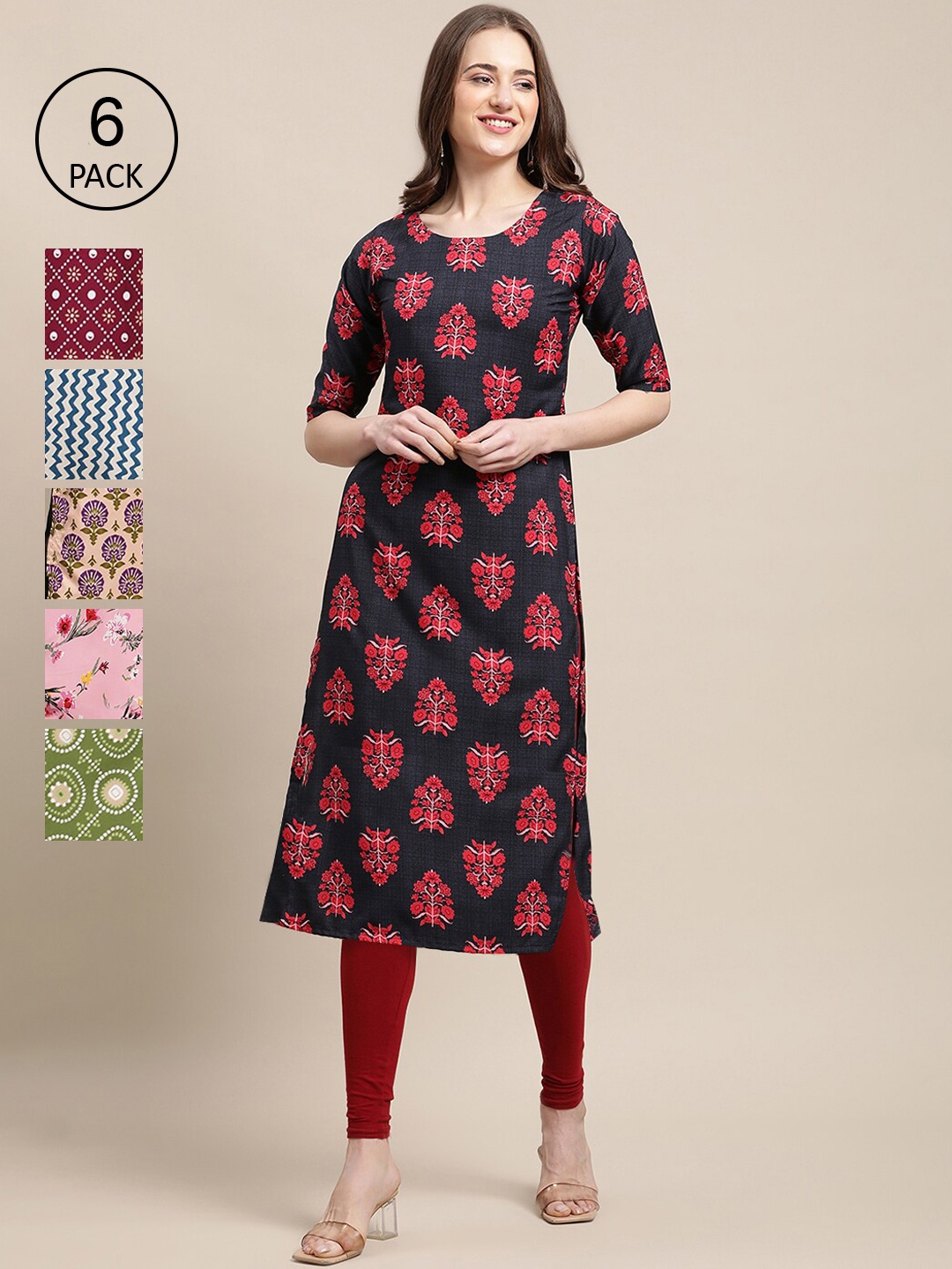 

7Threads Women Pack Of 6 Multicoloured Ethnic motifs Printed Crepe Kurta, Multi