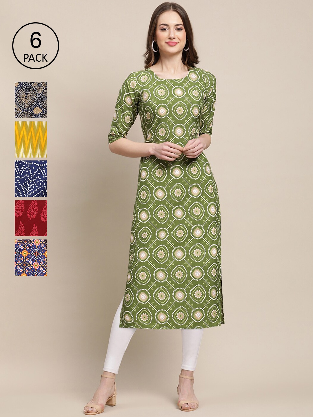 

7Threads Women Pack Of 6 Multicoloured Ethnic motifs Printed Crepe Kurta, Multi