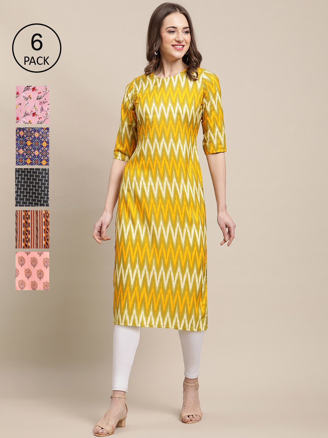 

7Threads Pack Of 6 Women Printed Straight Crepe Kurta, Pink