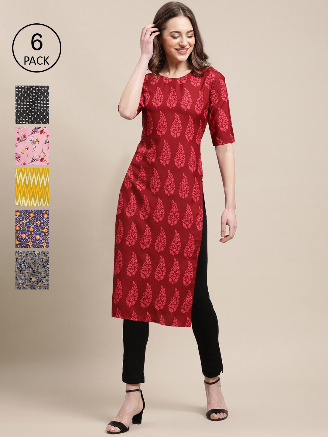 

7Threads Pack Of 6 Women Printed Straight Crepe Kurta, Navy blue