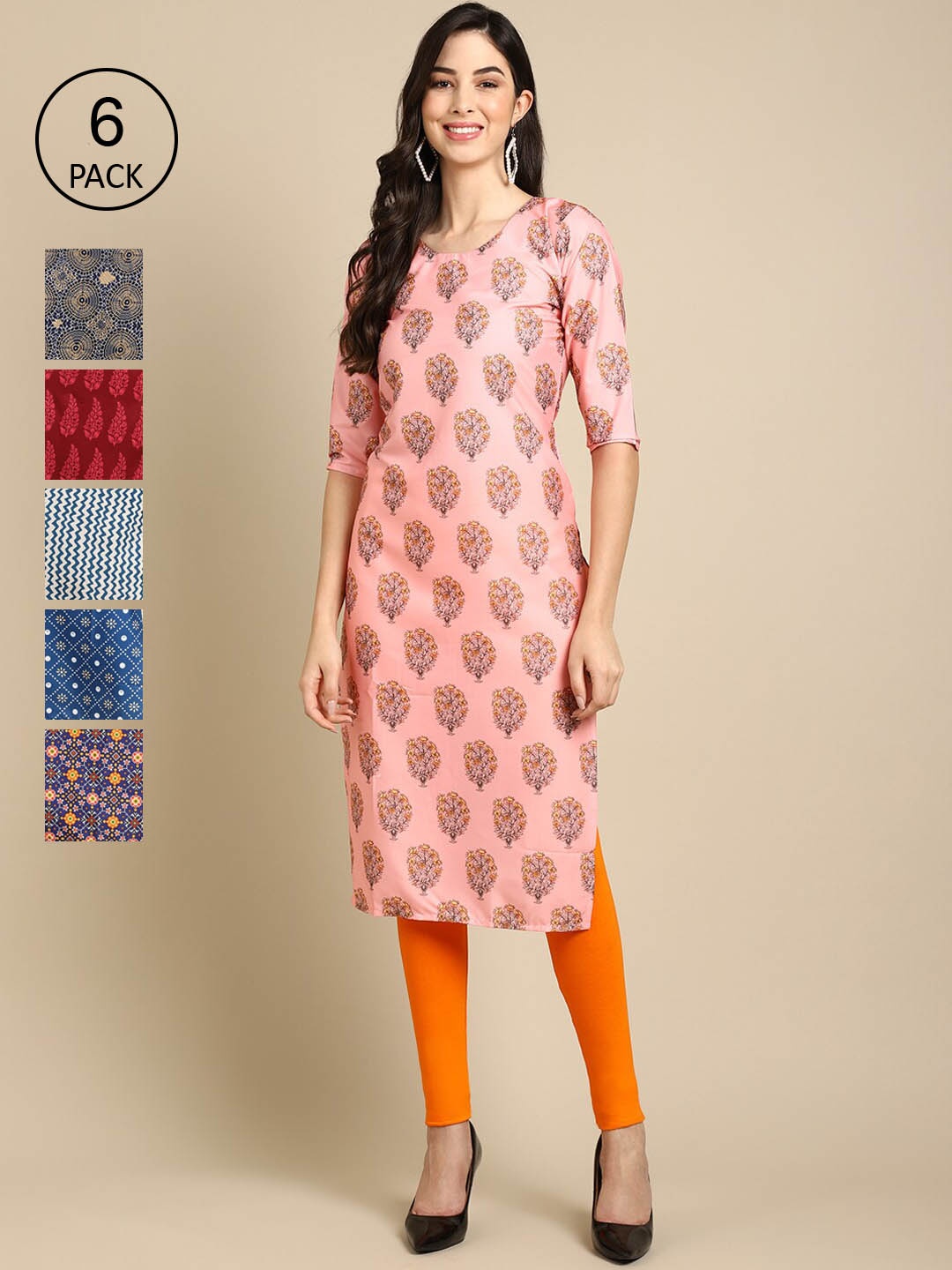 

7Threads Pack Of 6 Women Printed Straight Crepe Kurta, Blue