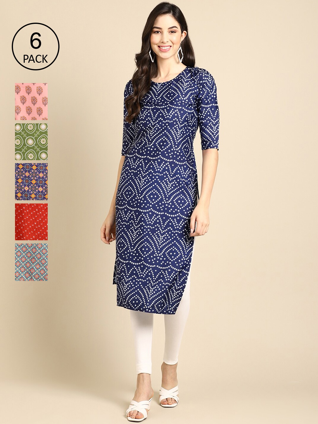 

7Threads Women Pack Of 6 Printed Crepe Straight Kurta, Blue