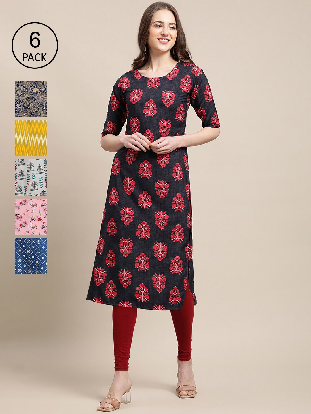 

7Threads Women Pack of 6 Yellow & Pink Ethnic Motifs Printed Crepe Kurta