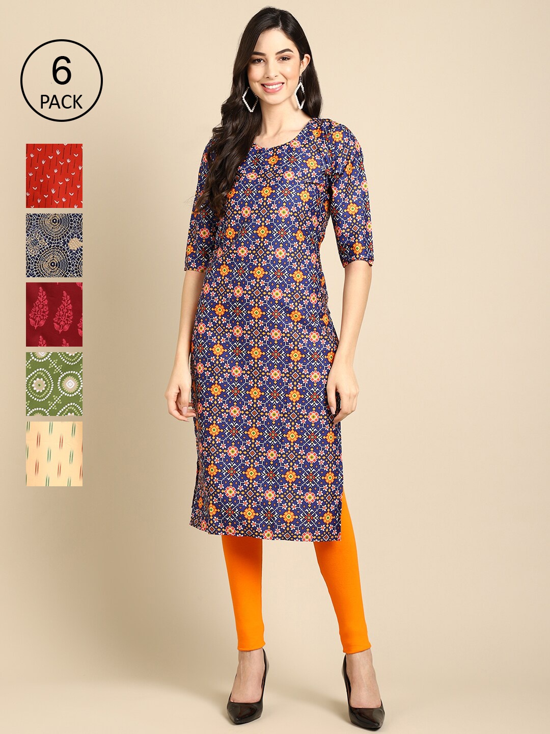 7Threads Women Pack of 6 Red & Green Printed Crepe Kurta