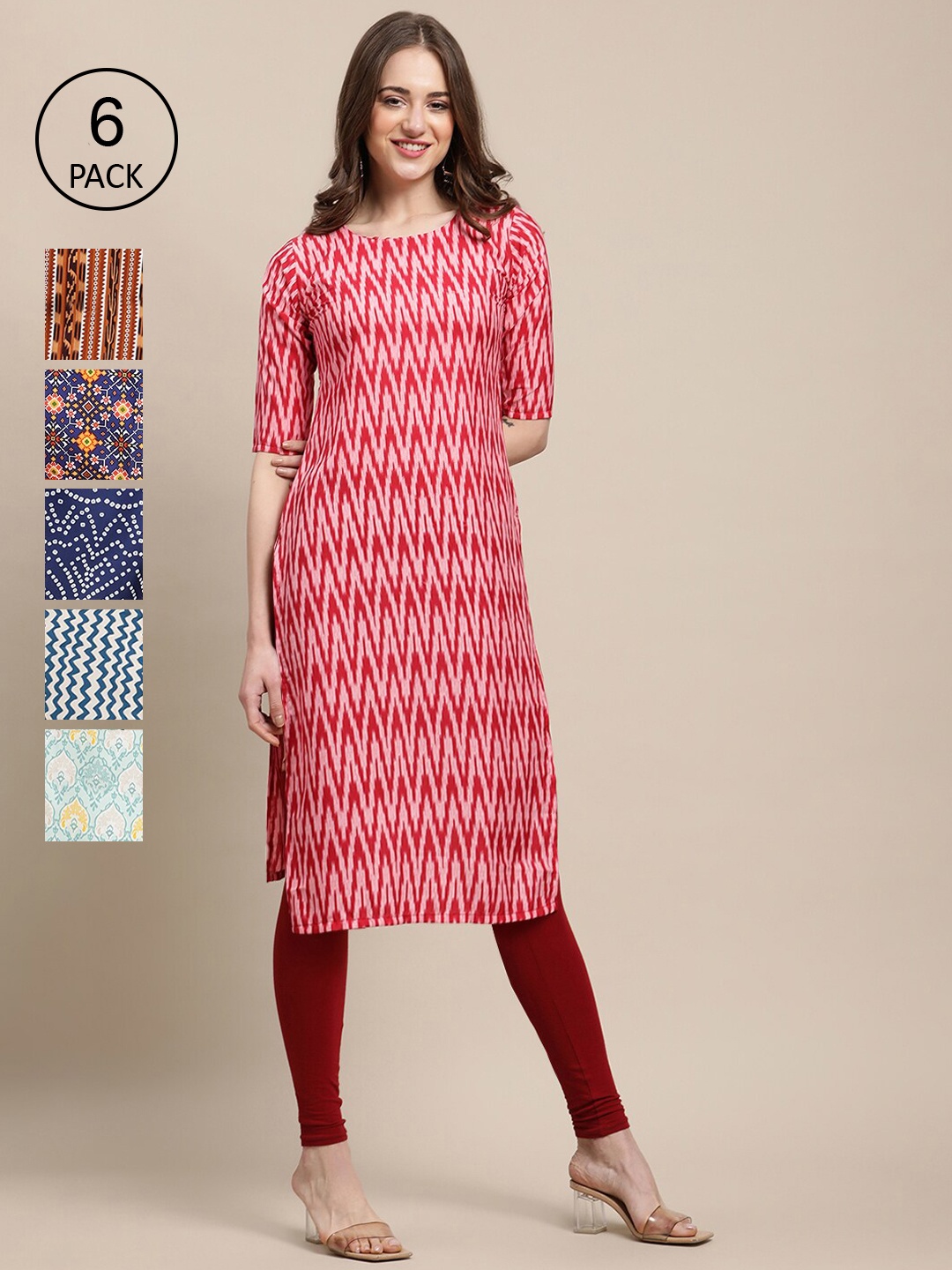 7Threads Women Pack Of 6 Digital Printed Crepe Straight Kurtas, Red