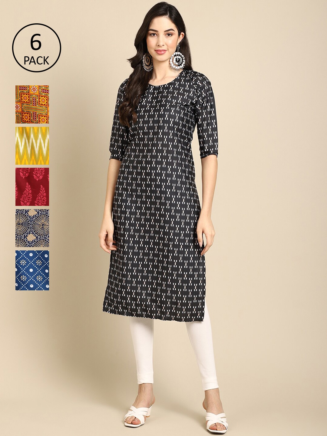 

7Threads Women Pack of 6 Digital Printed Crepe Straight Kurtas, Black
