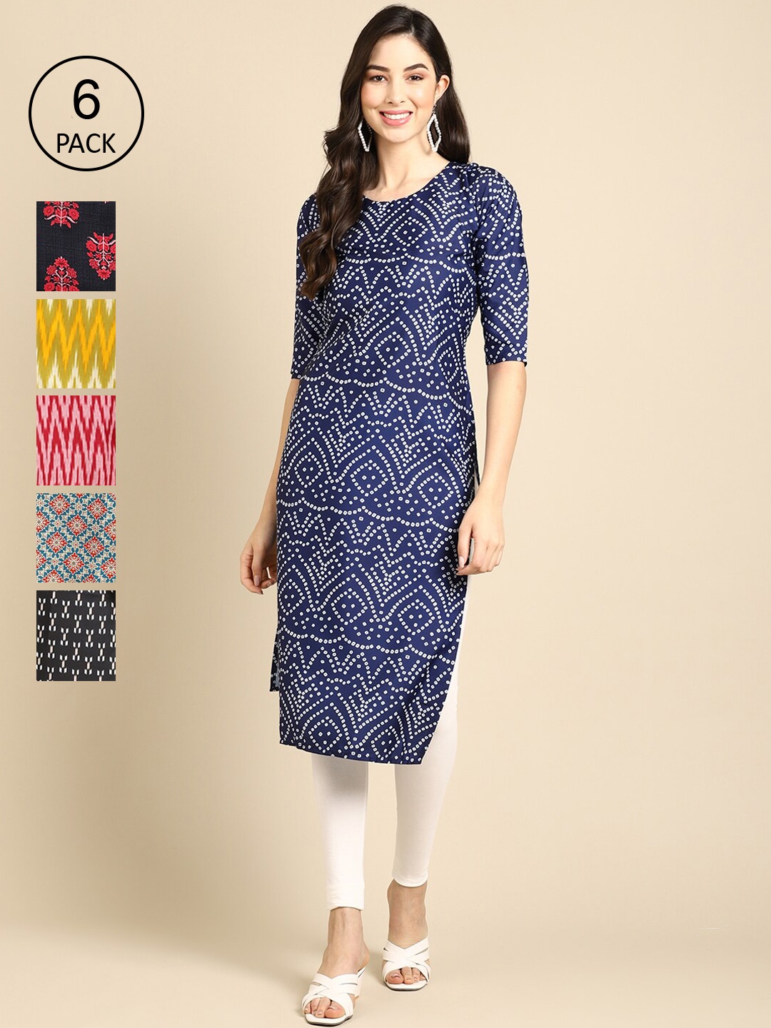 7Threads Women Pack Of 6 Multicoloured Geometric Printed Summer Sheers Crepe Kurta, Multi