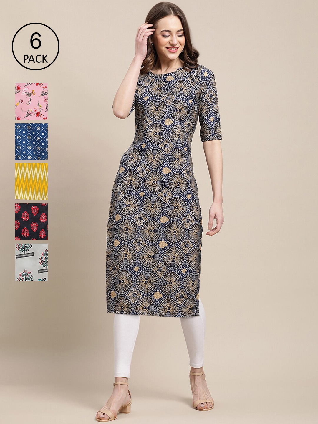 

7Threads Women Pack Of 6 Multicoloured Geometric Printed Thread Work Crepe Kurta, Multi