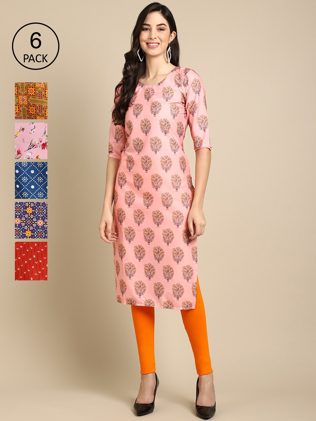 

7Threads Women Pack Of 6 Multicoloured Ethnic Motifs Printed Summer Sheers Crepe Kurta, Multi