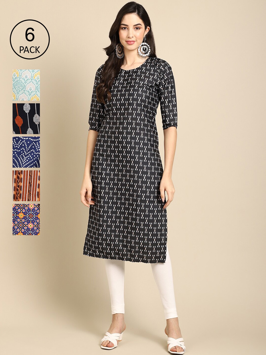 

7Threads Women Pack Of 6 Geometric Printed Crepe Kurta, Black