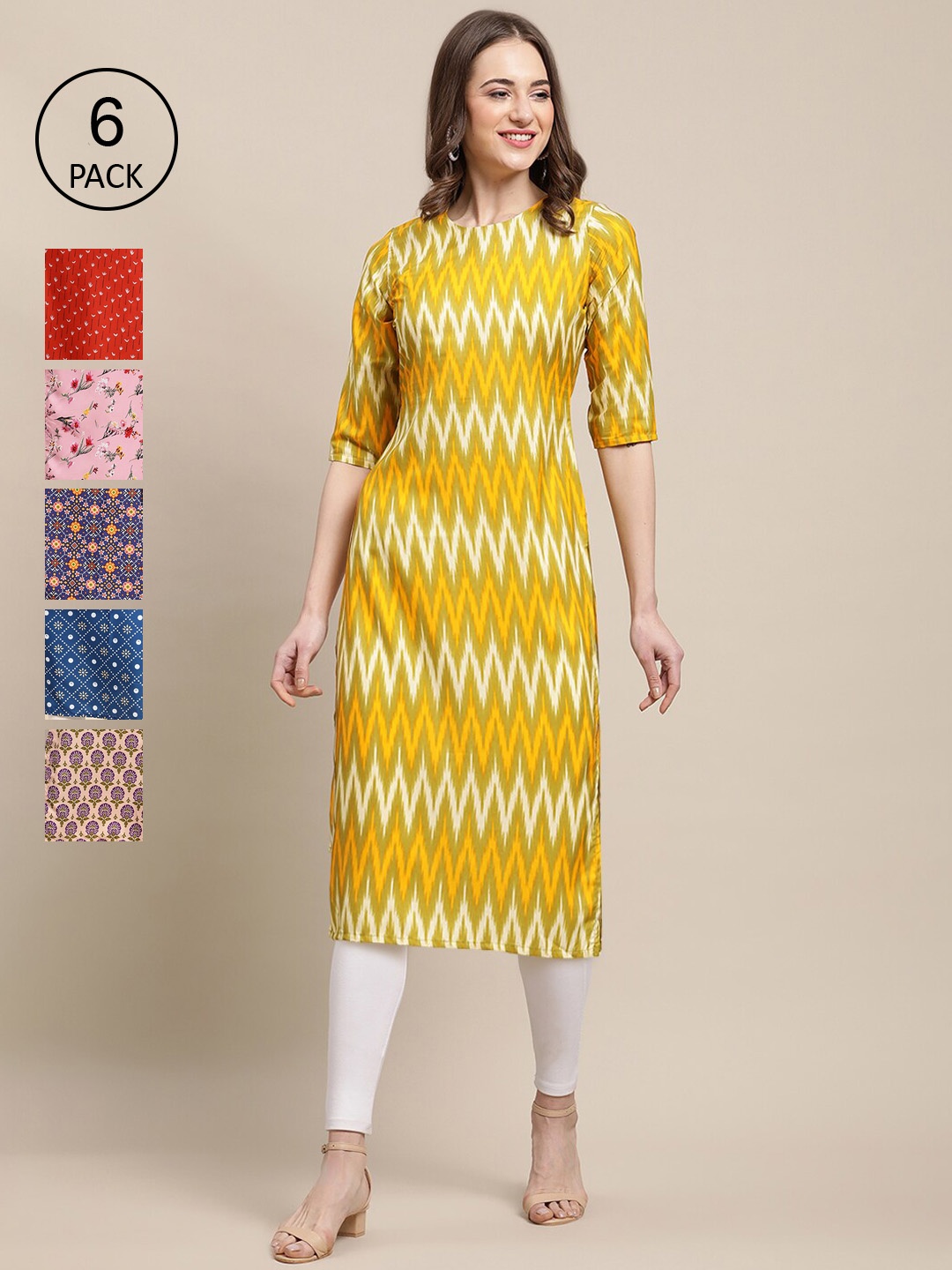 

7Threads Women Pack of 6 Digital Printed Crepe Straight Kurtas, Yellow