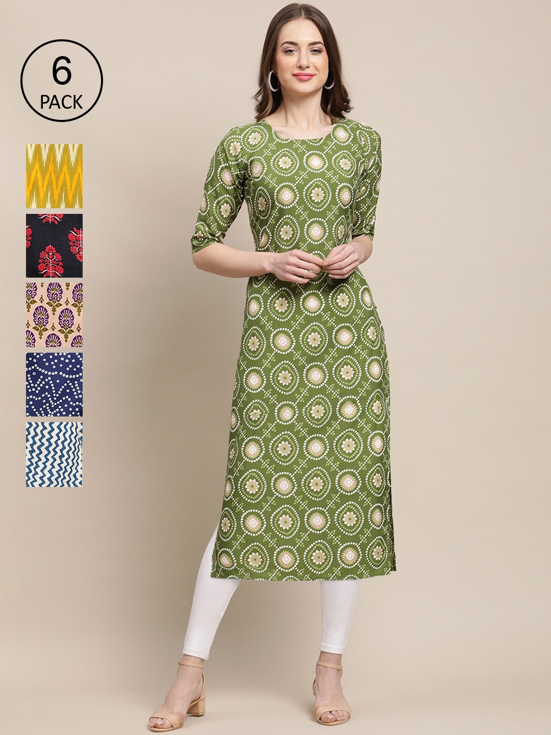 

7Threads Women Green & Blue Pack Of 6 Geometric Summer Sheers Crepe Kurta