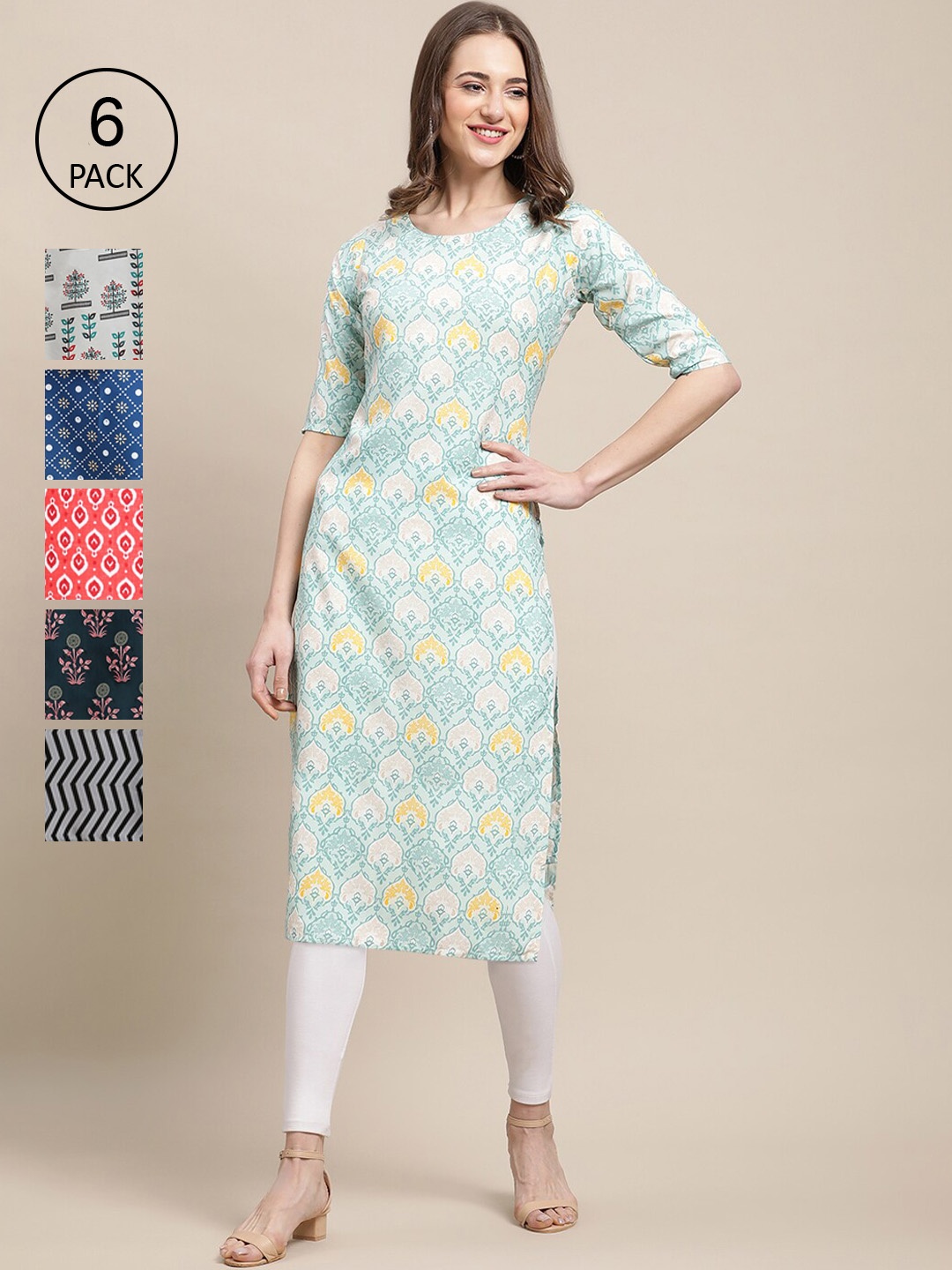 

7Threads Pack of 6 Women Peach & Blue Geometric Printed Pure Crepe Kurta