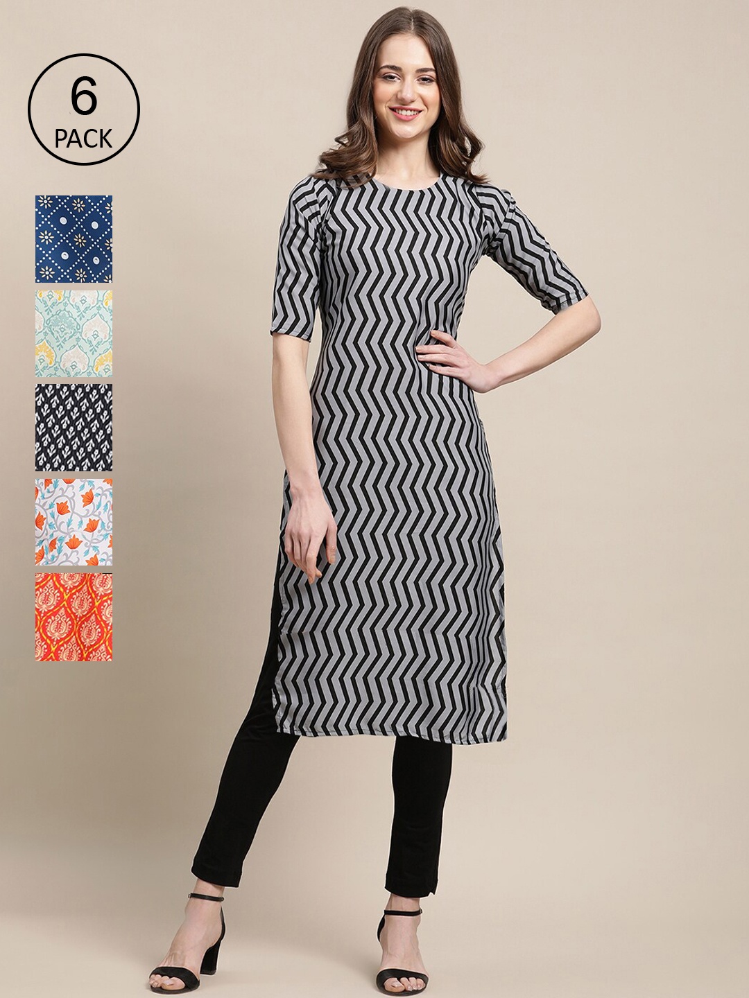 

7Threads Pack of 6 Women Navy Blue & Grey Geometric Printed Pure Crepe Kurta