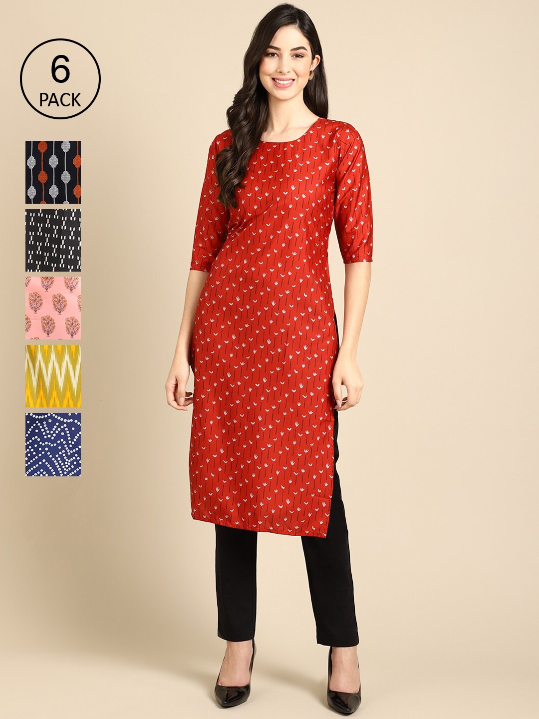 

7Threads Women Pack Of 6 Red & Black Printed Crepe Kurta