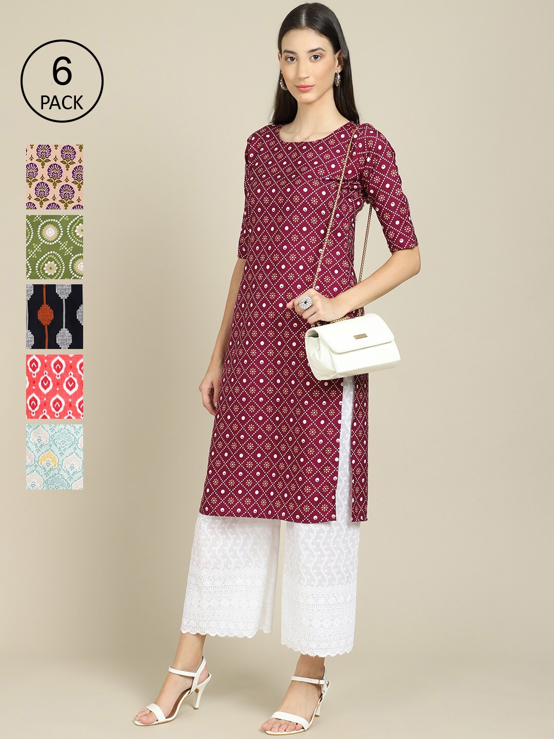 

7Threads Women Multicoloured Pack Of 6 Geometric Printed Crepe Kurta, Multi