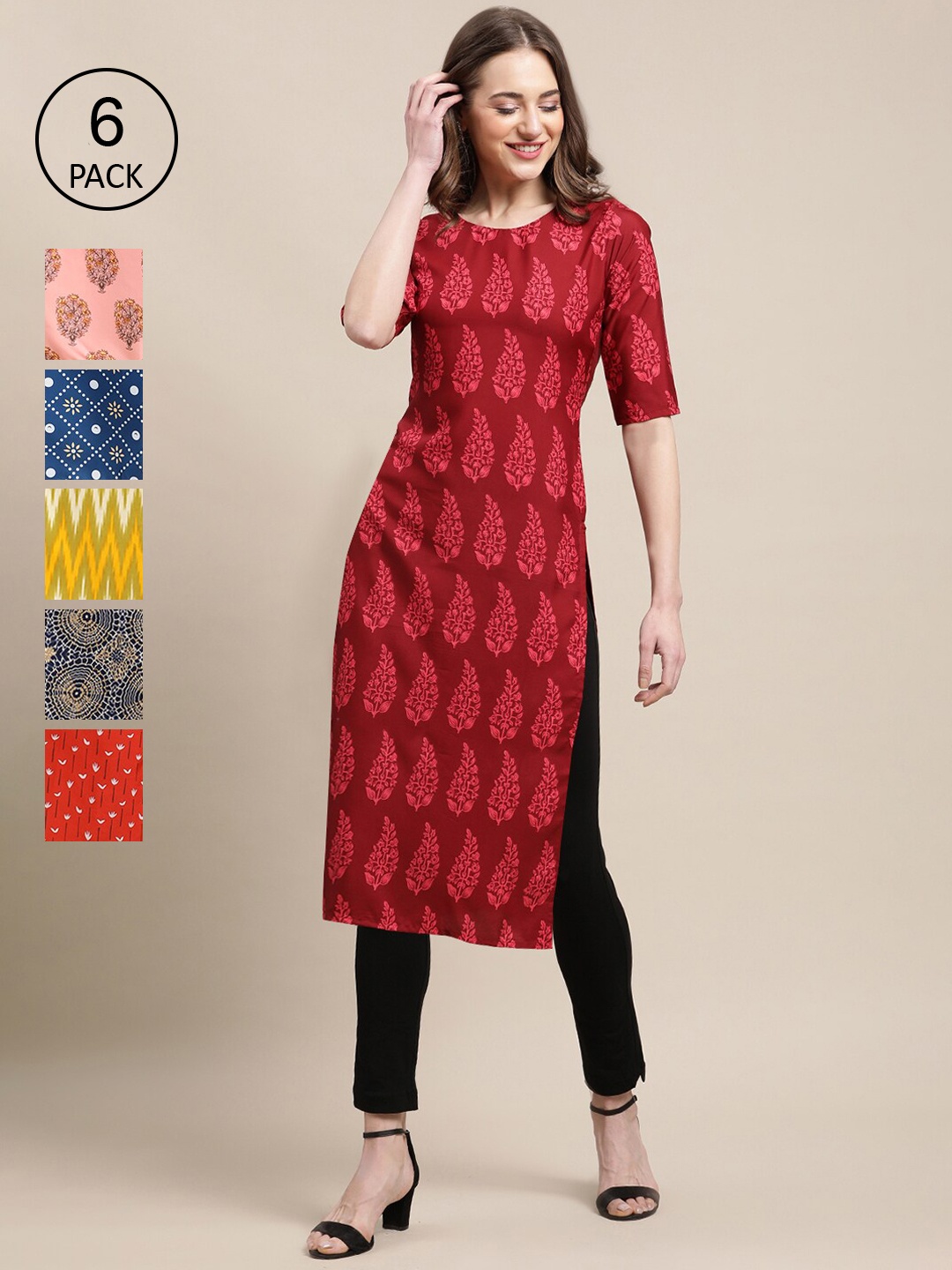 

7Threads Women Pack of 6 Crepe Kurta, Red