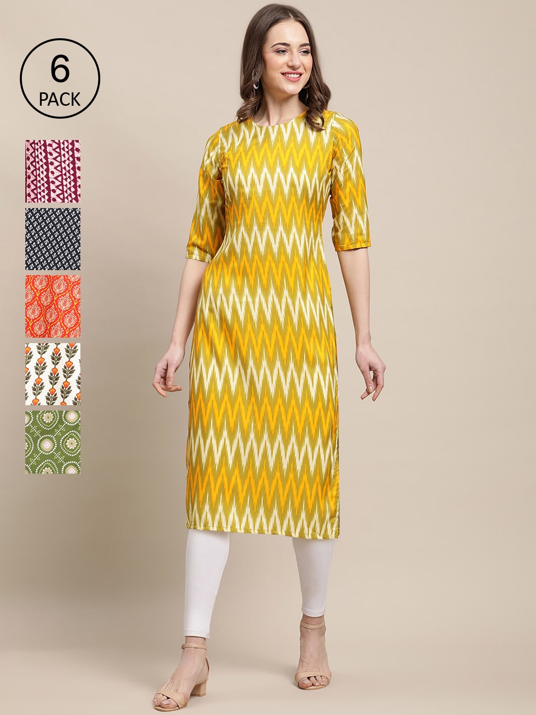 

7Threads Women Pack of 6 Geometric Crepe Kurta, Yellow