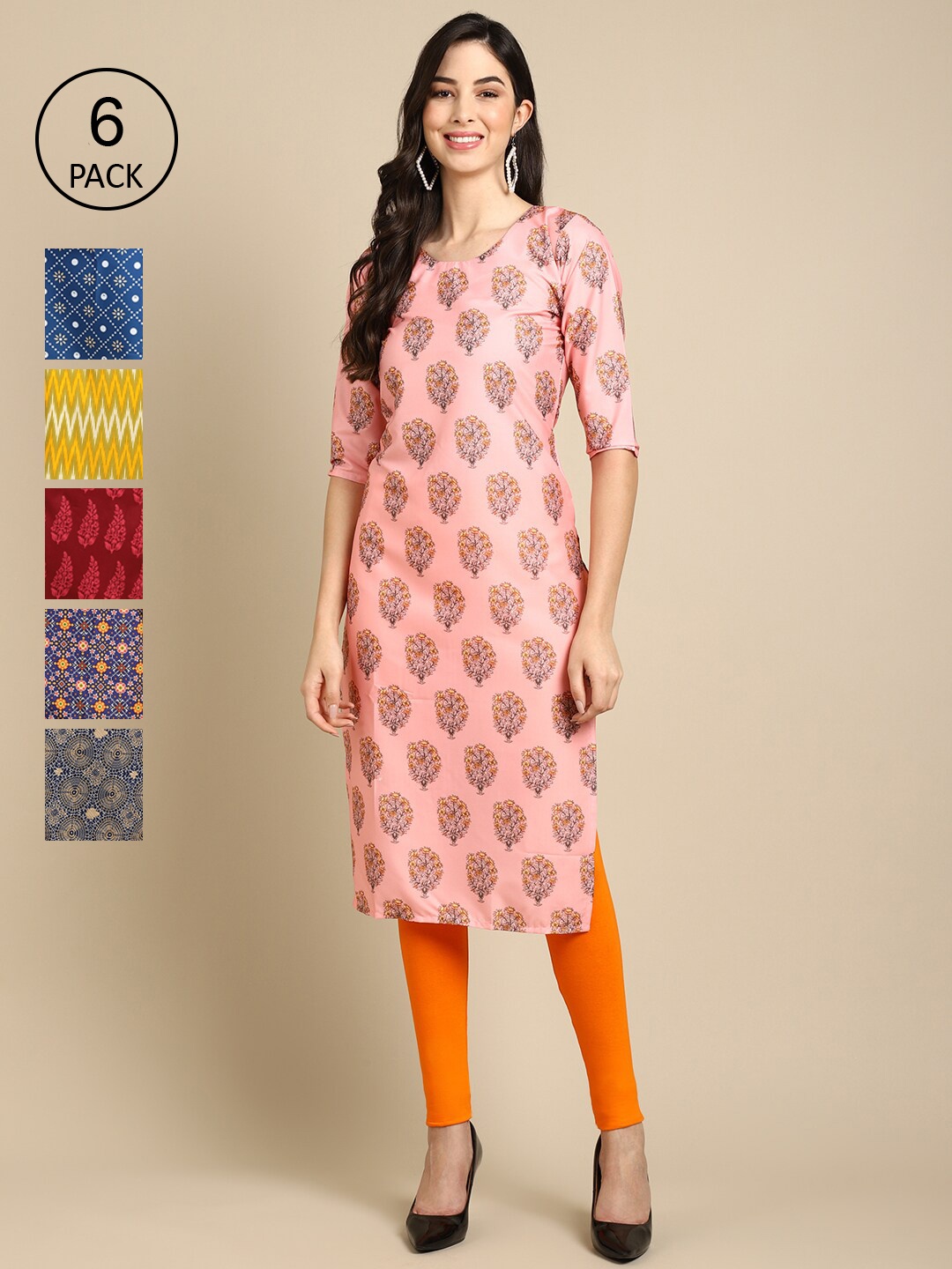

7Threads Women Pack Of 6 Multicoloured Ethnic Motifs Printed Summer Sheers Crepe Kurta, Multi