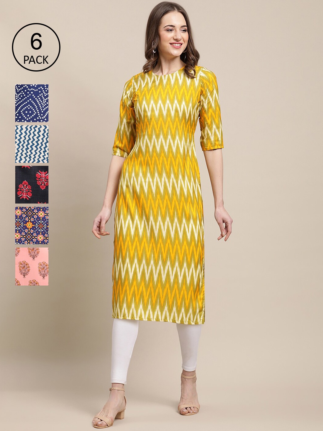 

7Threads Women Pack Of 6 Ethnic Motifs Printed Summer Sheers Crepe Kurta, Yellow