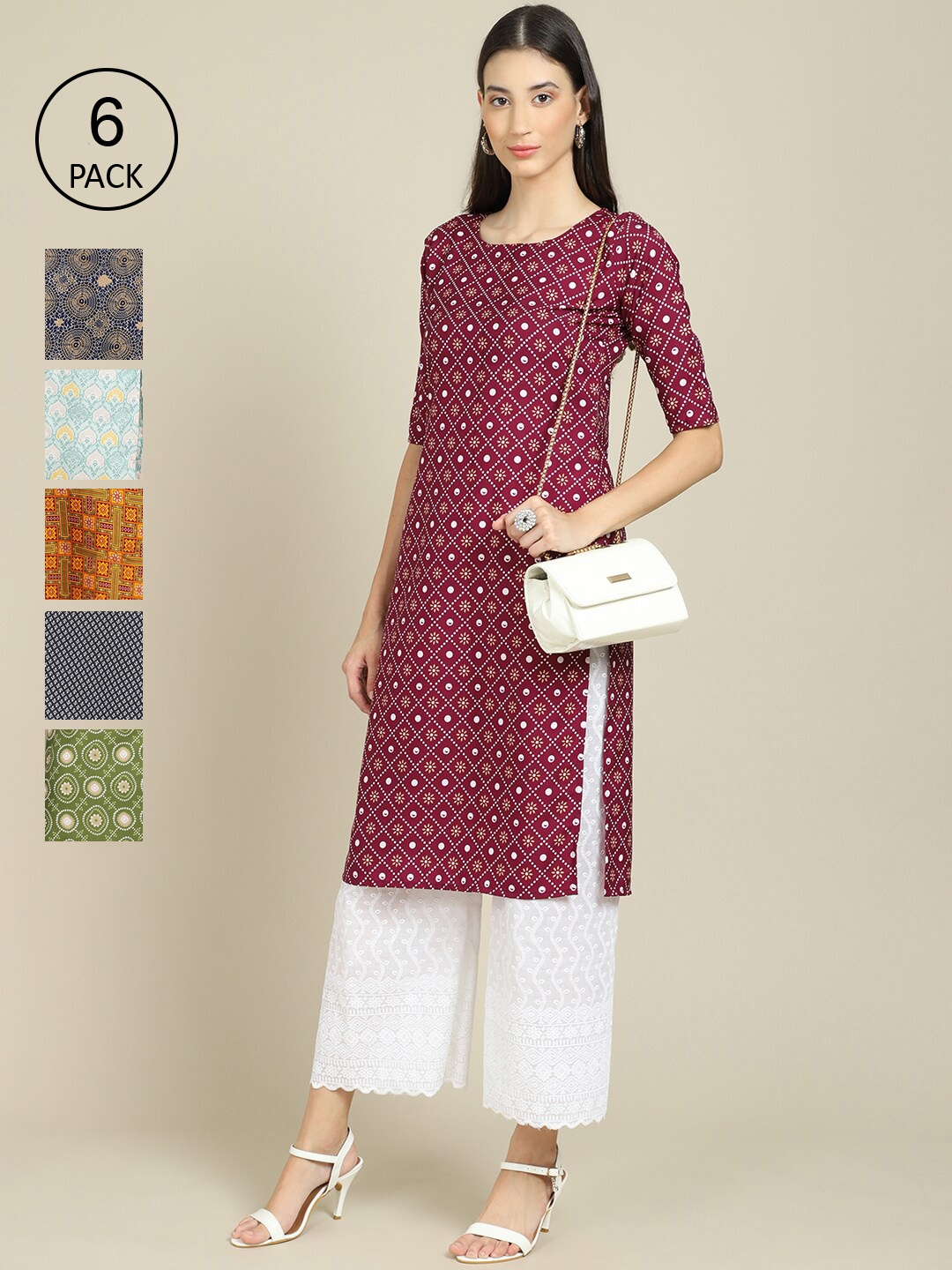 

7Threads Women Pack Of 6 Ethnic Motifs Printed Summer Sheers Crepe Kurta, Maroon