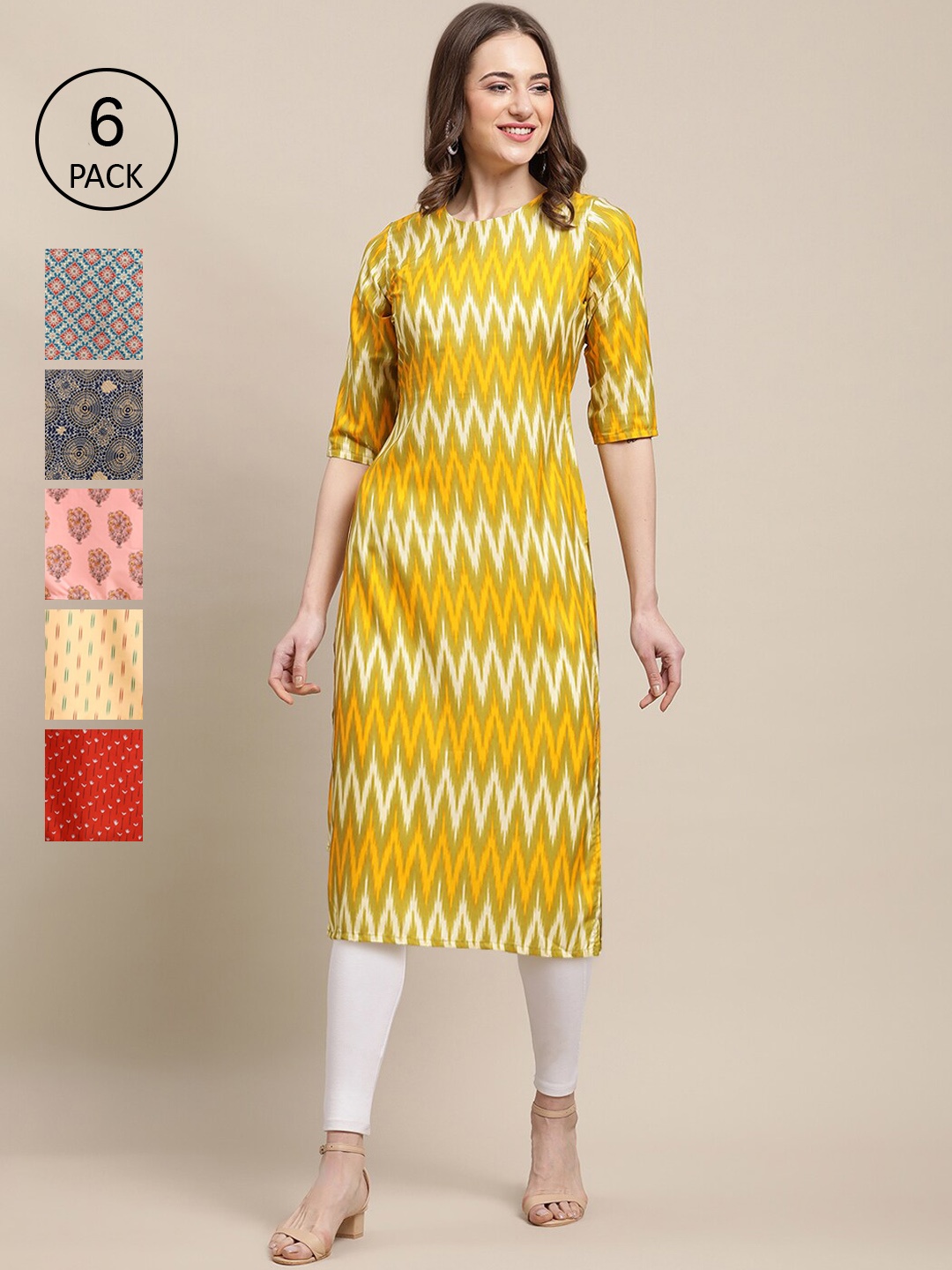 

7Threads WomenPack Of 6 Summer Sheers Crepe Kurta, Mustard