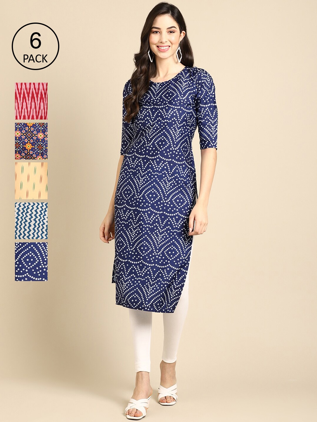 7Threads Women Blue & Red Pack Of 6 Geometric Printed Crepe Kurtas