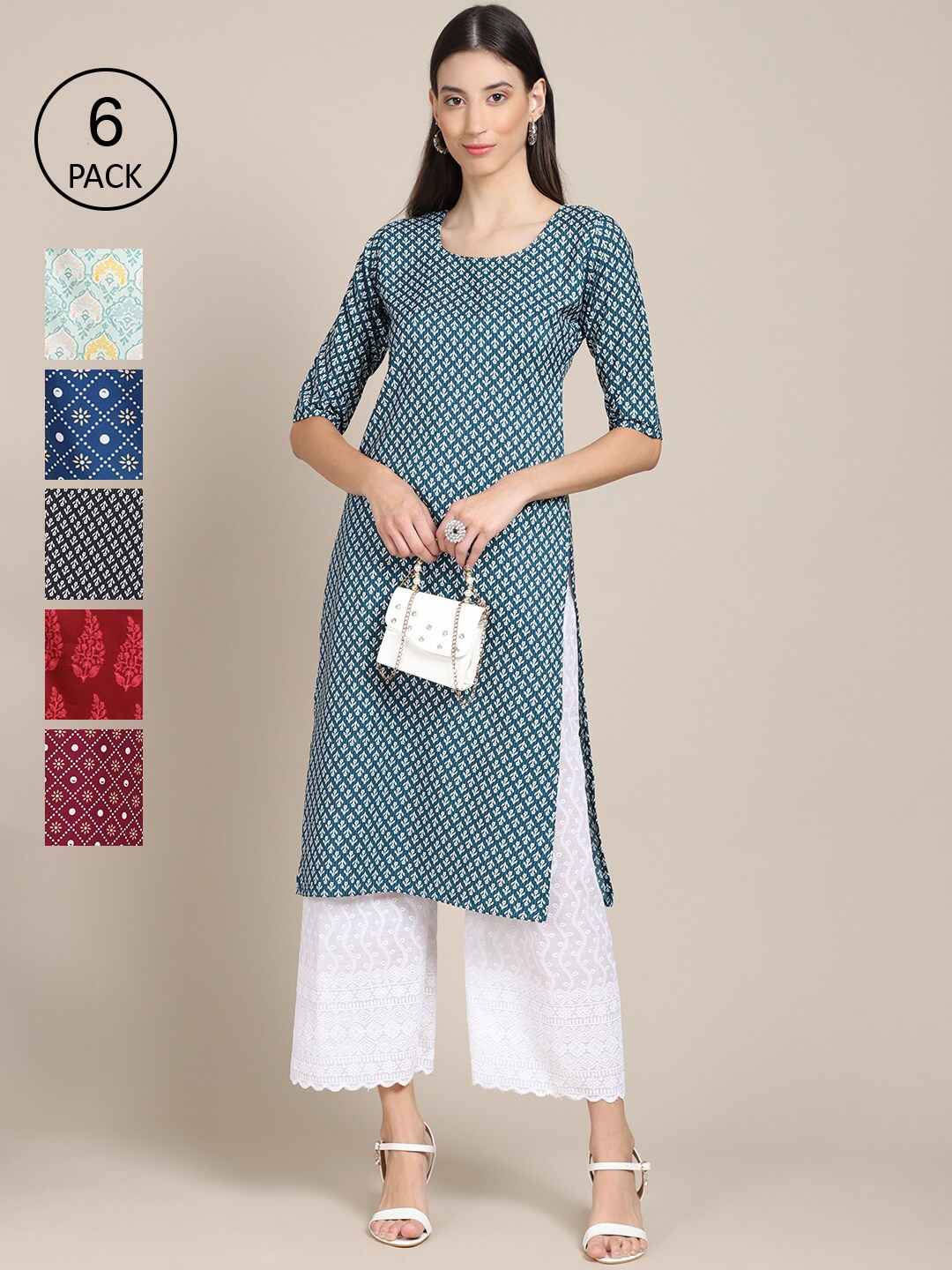 

7Threads Women Blue & Red Pack Of 6 Floral Printed Crepe Kurtas
