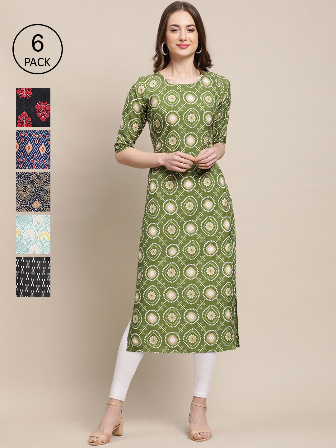 7Threads Women Green & Blue Pack Of 6 Ethnic Motifs Printed Crepe Kurtas