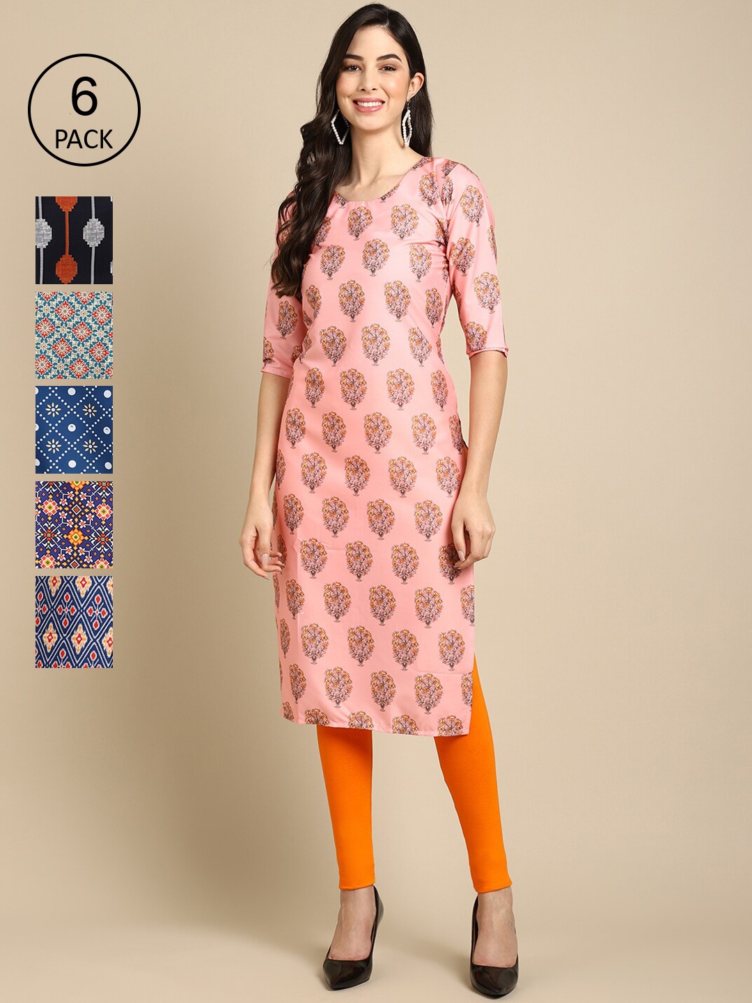 

7Threads Pack Of 6 Women Printed Crepe Kurta, Black