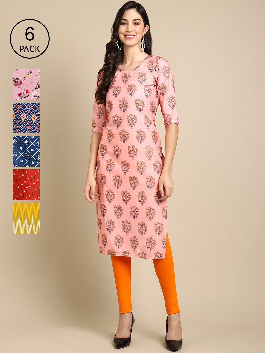 

7Threads Pack Of 6 Women Printed Crepe Kurta, Pink