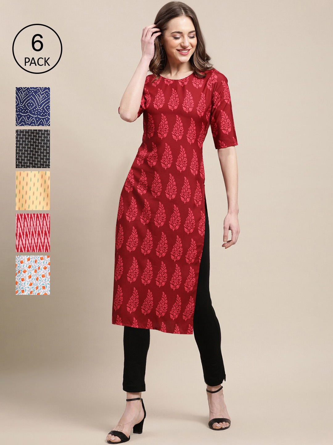 

7Threads Pack of 6 Women Printed Straight Crepe Kurta, Multi