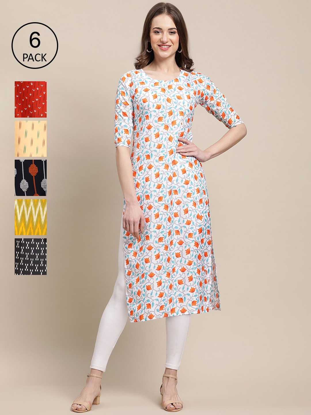 7Threads Pack of 6 Women Printed Straight Crepe Kurta, Multi