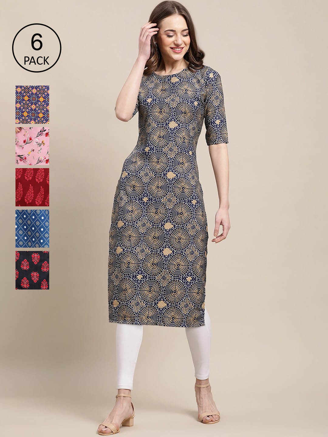 7Threads Women Pack Of 6 Multicoloured Floral Printed Summer Sheers Crepe Kurta, Multi