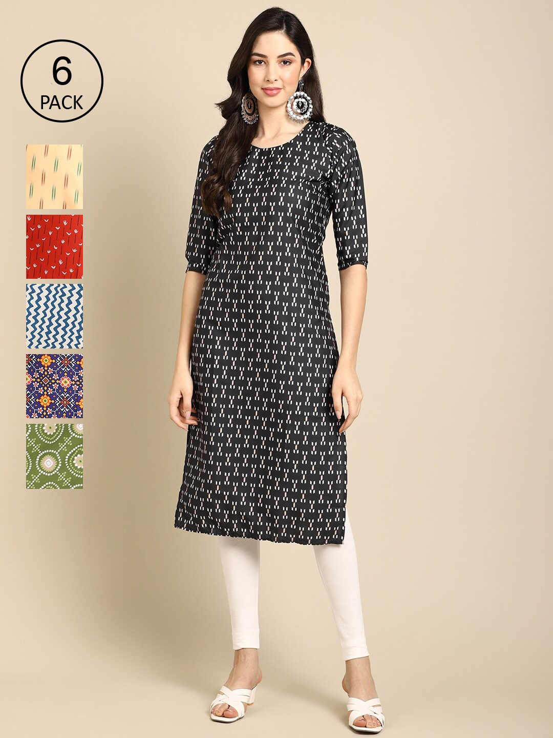 

7Threads Women Pack Of 6 Multicoloured Geometric Printed Summer Sheers Crepe Kurta, Multi