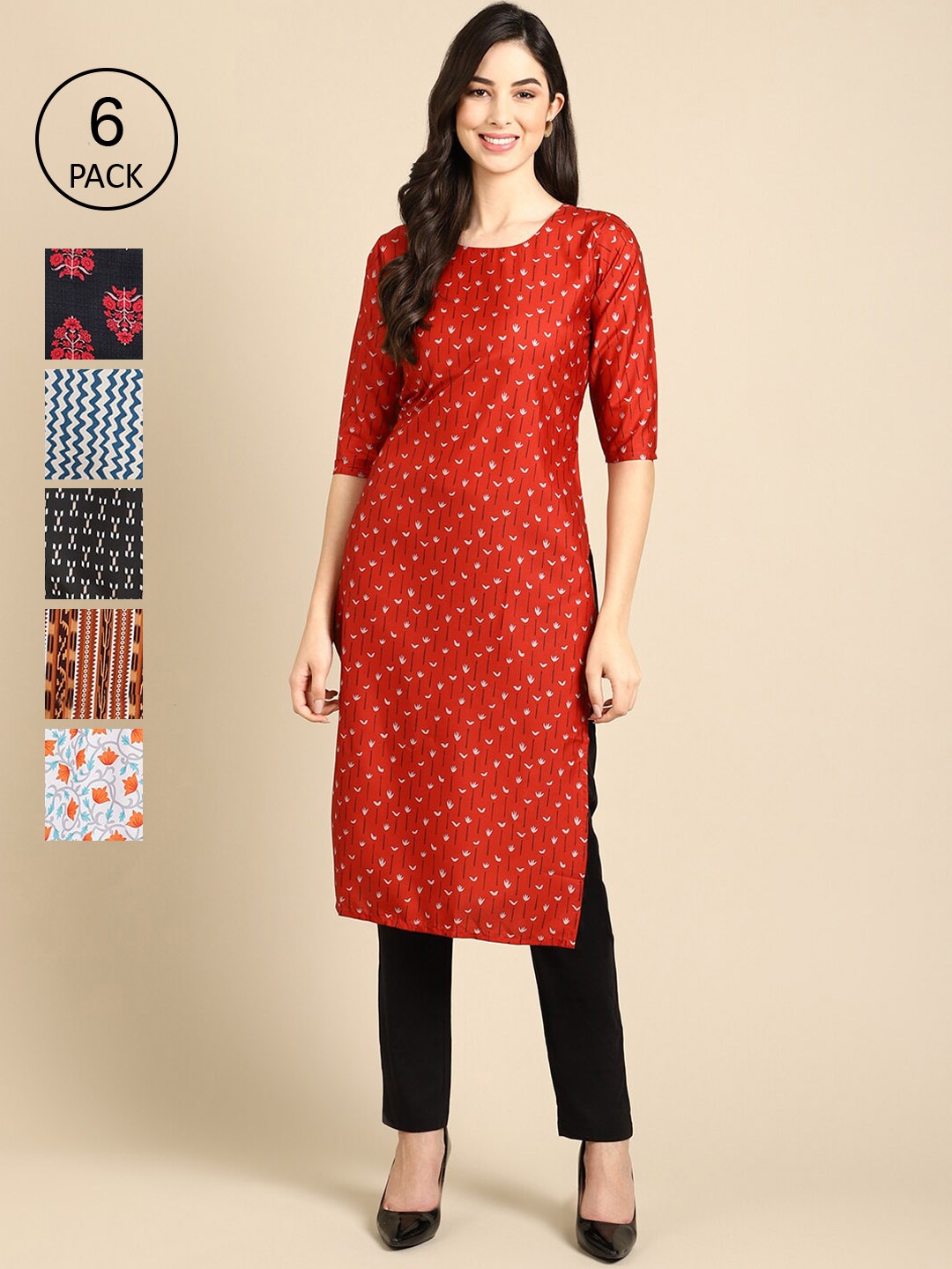 

7Threads Women PACK OF 6 Red & Black Geometric Printed Crepe Kurta