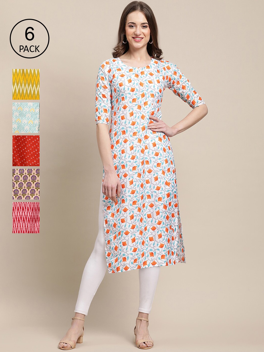 

7Threads Women Pack of 6 White & Yellow Floral Printed Crepe Kurta