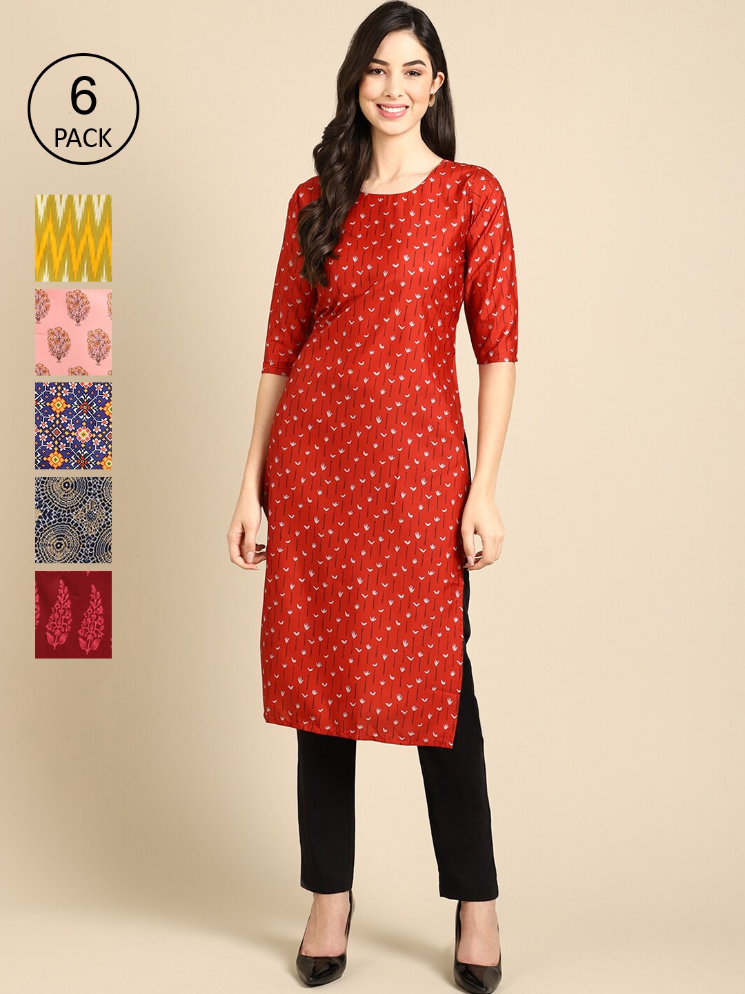 7Threads Women Set Of 6 Red & Yellow Ethnic Motifs Printed Crepe Kurta
