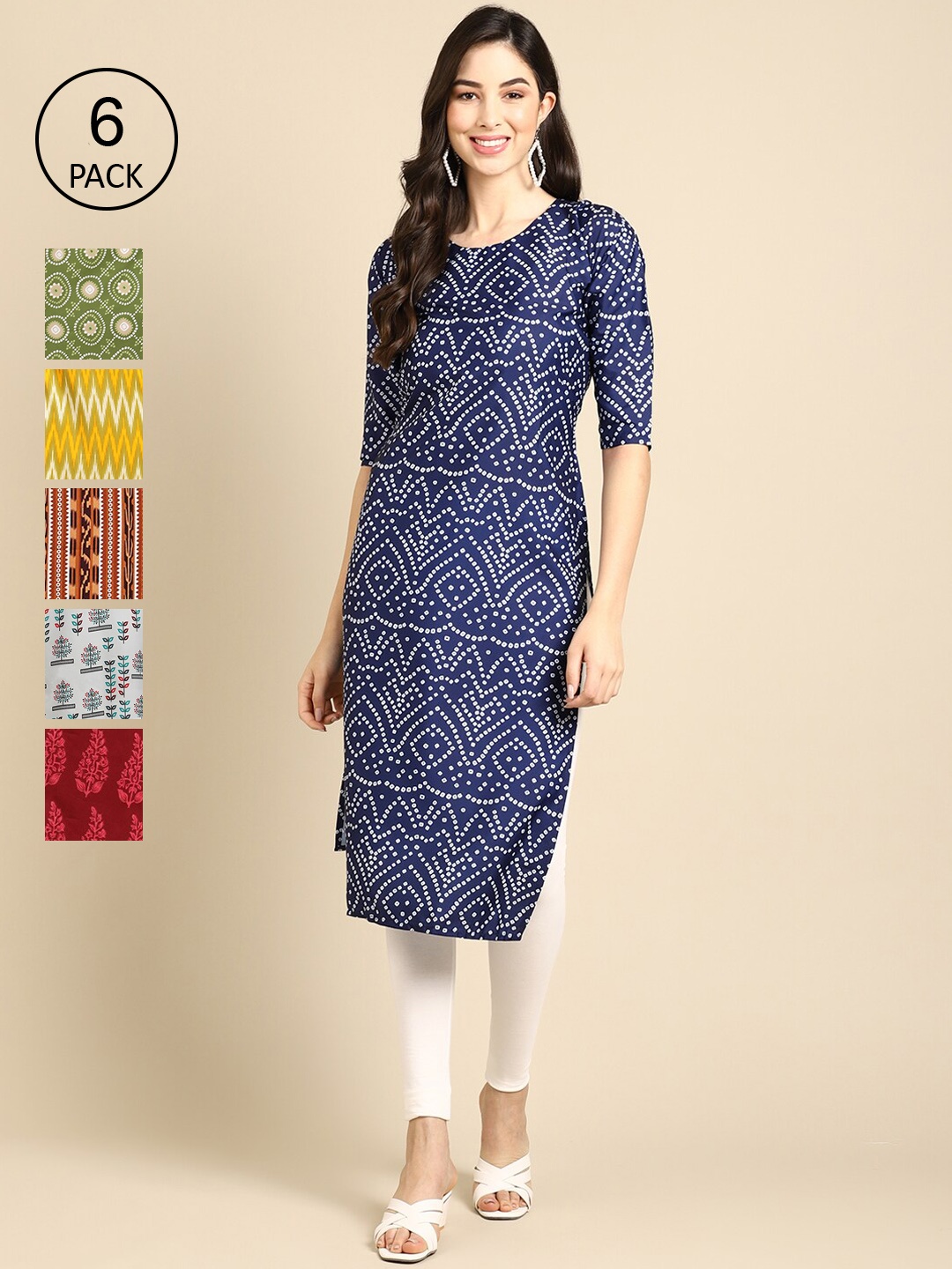 

7Threads Women Set Of 6 Blue & Green Ethnic Motifs Printed Crepe Kurta