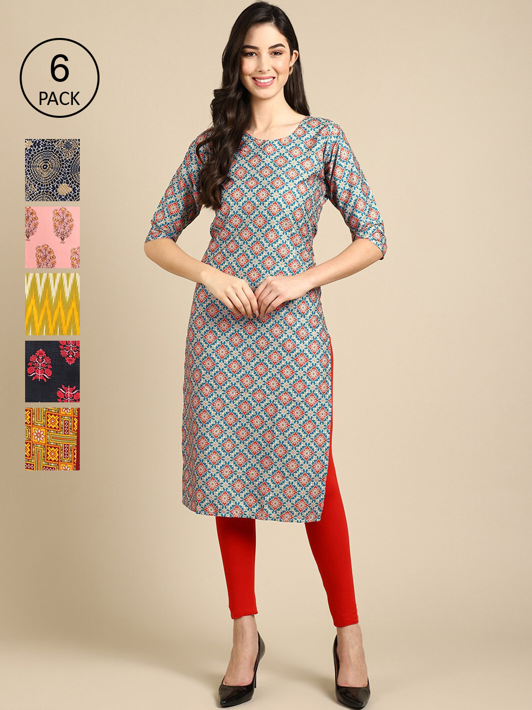 

7Threads Women Set Of 6 Pink & Black Ethnic Motifs Printed Crepe Kurta