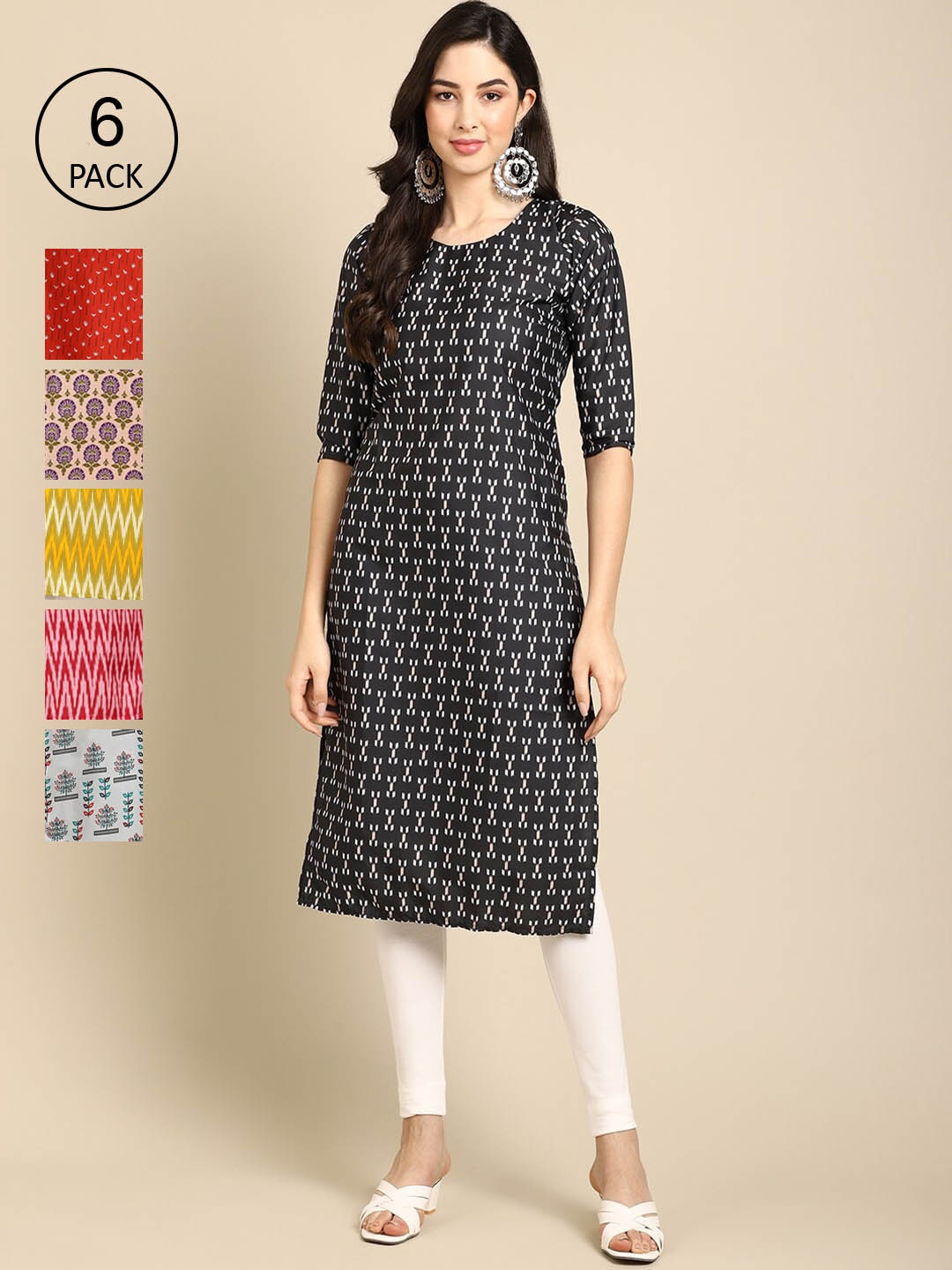 

7Threads Women Pack Of 6 Black & Red Geometric Crepe Kurta
