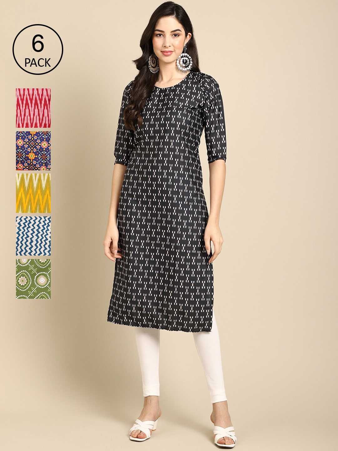 

7Threads Women Pack of 6 Black & Green Geometric Printed Crepe Kurta