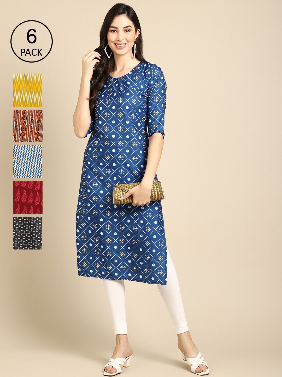 

7Threads Women pack of 6 Printed Crepe Kurta, Blue
