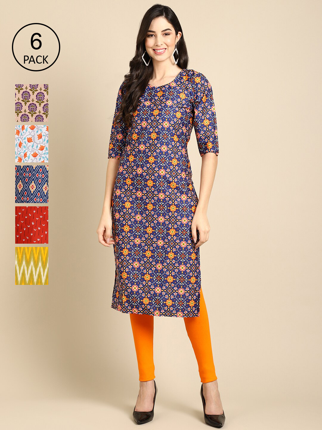 

7Threads Women Pack of 6 Printed Crepe Kurta, Blue