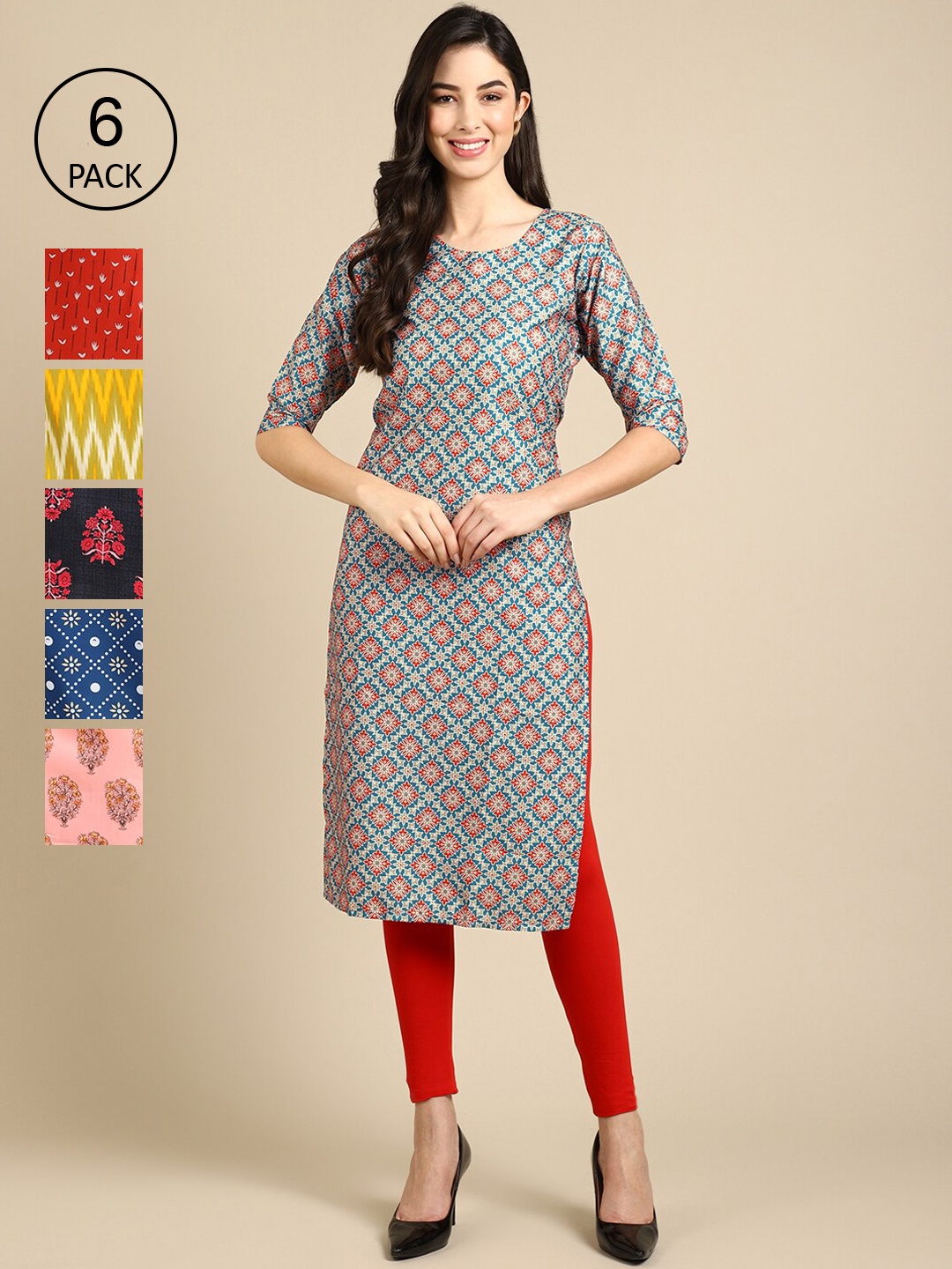 

7Threads PACK OF 6 Women Ethnic Motifs Printed Summer Sheers Crepe Kurta, Red
