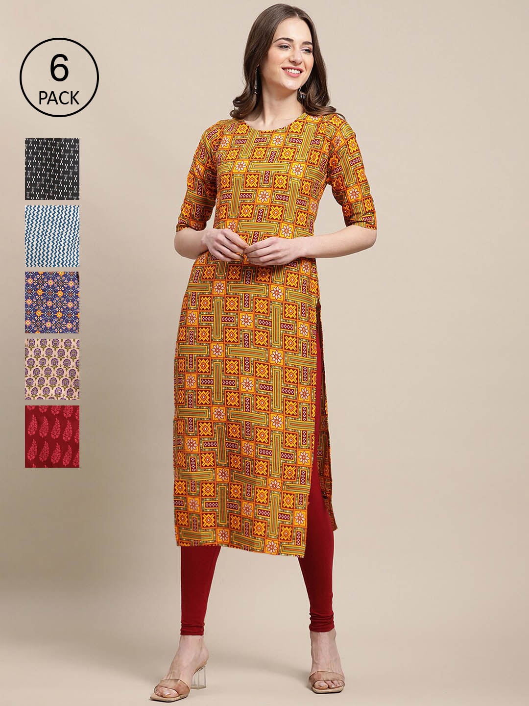 

7Threads Women Pack of 6 Printed Crepe Kurtas, Mustard
