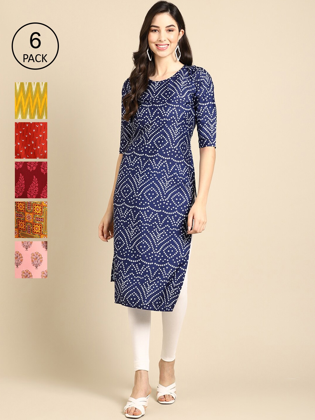 7Threads Women Pack of 6 Printed Crepe Kurtas, Blue