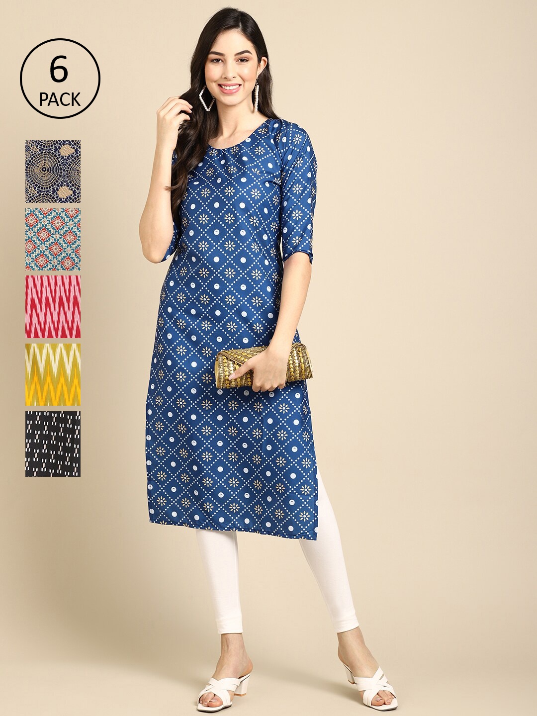 

7Threads Women Pack of 6 Printed Crepe Kurtas, Blue